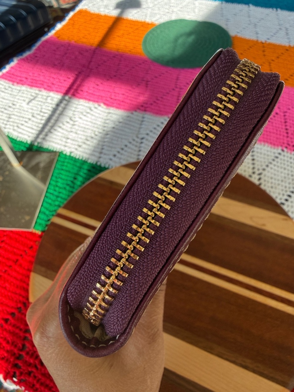 Coach Brown Signature Canvas Zip Wallet with Purple Trim - Picture 6 of 14